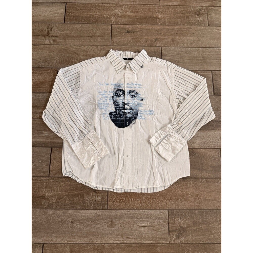 VTG Makaveli Tupac Branded Embroidered Button Down Flip Cuff Striped Shirt XXL